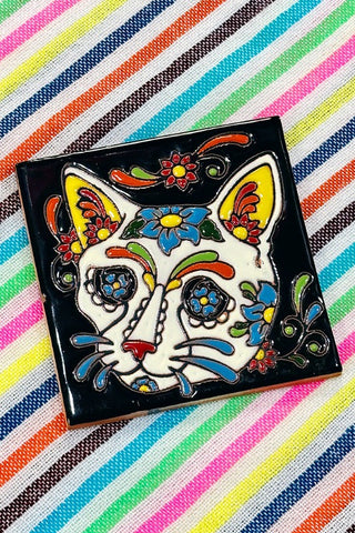 Get trendy with Day Of The Dead Cat Face Ceramic Tile - Decor available at ShopMucho. Grab yours for $10 today!