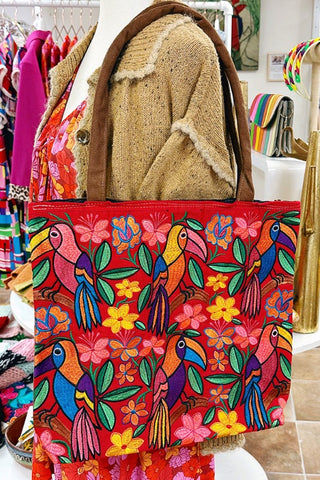 Get trendy with Embroidered Floral Toucan Large Suede Purse Tote Bag - Handbags available at ShopMucho. Grab yours for $54 today!
