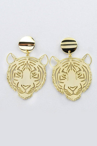 Get trendy with Gold Tiger Dangle Earrings - Earrings available at ShopMucho. Grab yours for $35 today!