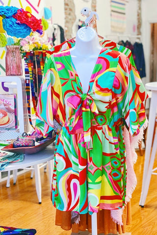 Get trendy with Wavy Rainbow Printed Romper - Bottoms available at ShopMucho. Grab yours for $50 today!