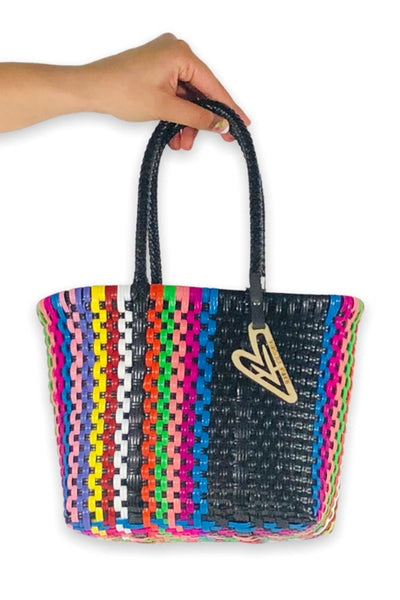 Get trendy with Woven Rainbow Stripe Mini Tote Bag- Black - Handbags available at ShopMucho. Grab yours for $48 today!