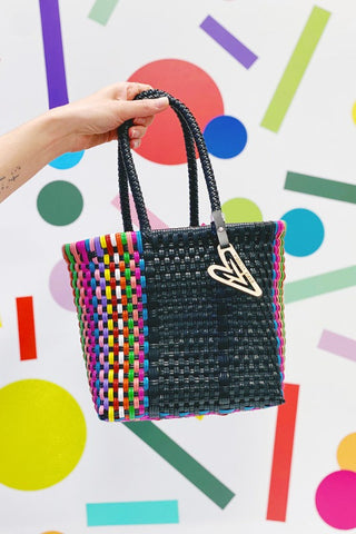 Get trendy with Woven Rainbow Stripe Mini Tote Bag- Black - Handbags available at ShopMucho. Grab yours for $48 today!
