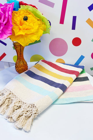 Get trendy with Rainbow Striped Woven Throw Blanket - Blankets available at ShopMucho. Grab yours for $45 today!